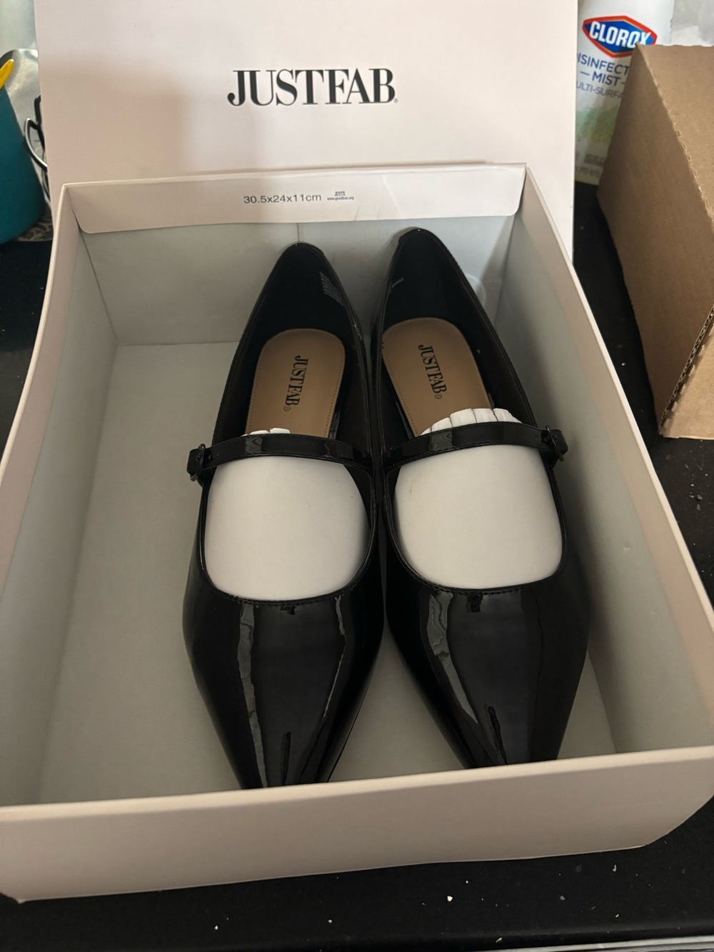 JustFab Black and White Patent Mary Jane Pointed Flats